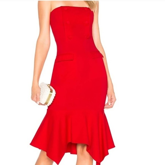 X Revolve Chrissy Teigen Red Midi Dress Landon Bodycon Ruffle Straples Pencil XS - Picture 5 of 9